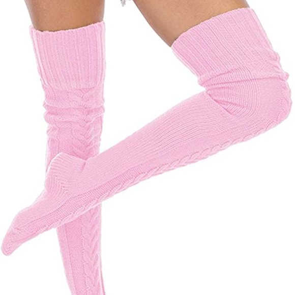 Knee High Socks Over The Knee Chunky Cable Knit Knee Highs Pink - Picture 3 of 15